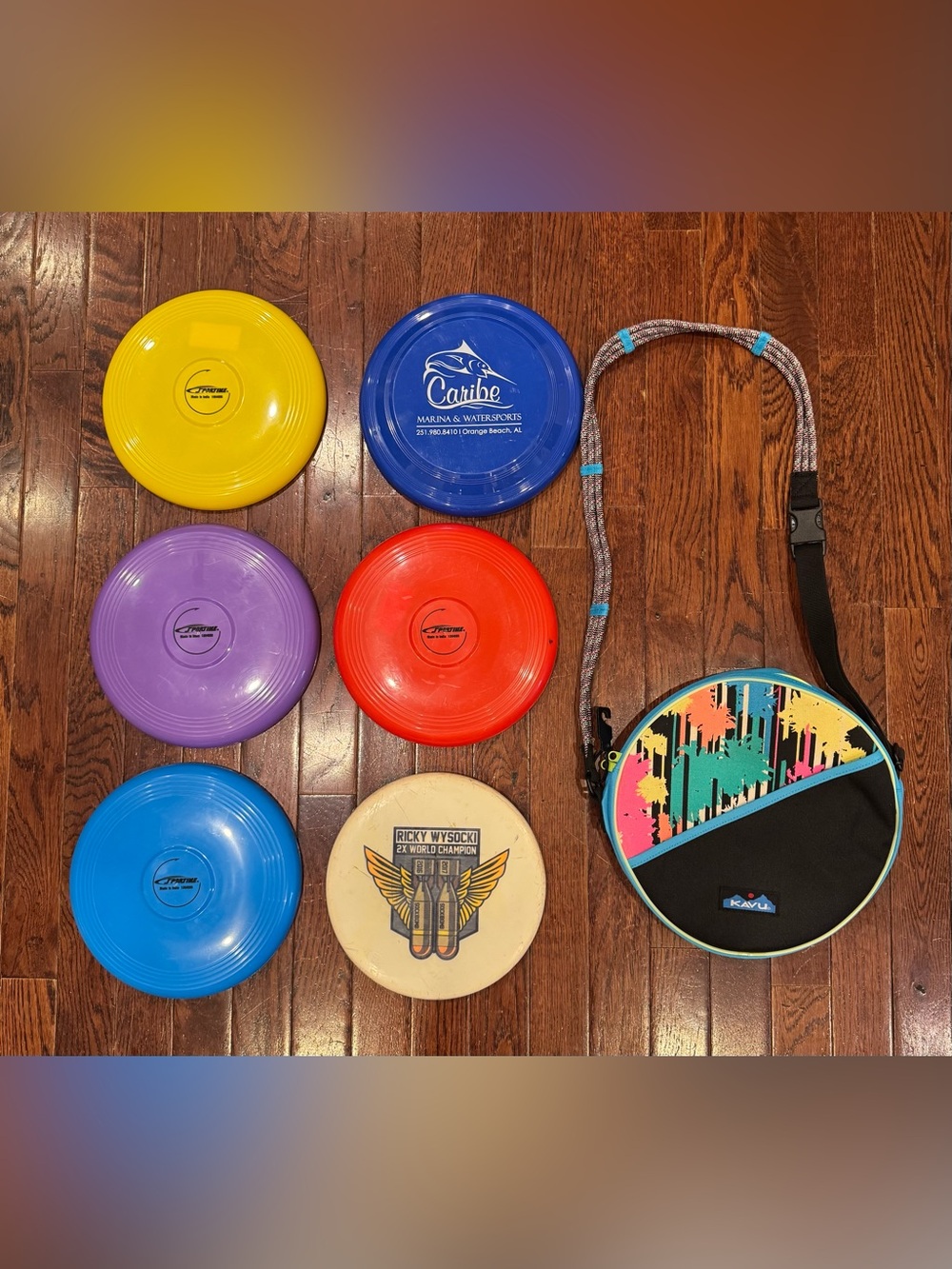 Kavu Circular Crossbody Bag Neon Palm Trees Stripes with 6 Flying Discs Frisbees